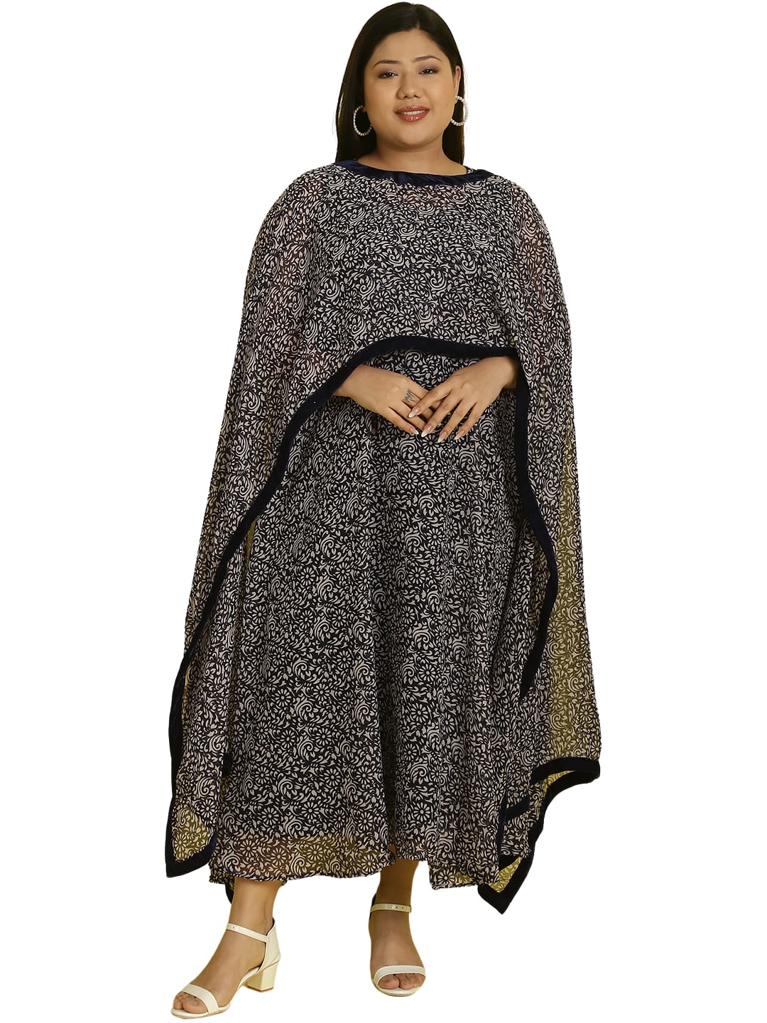 Women Georgette A-Line Midi Dress With Poncho Shrug