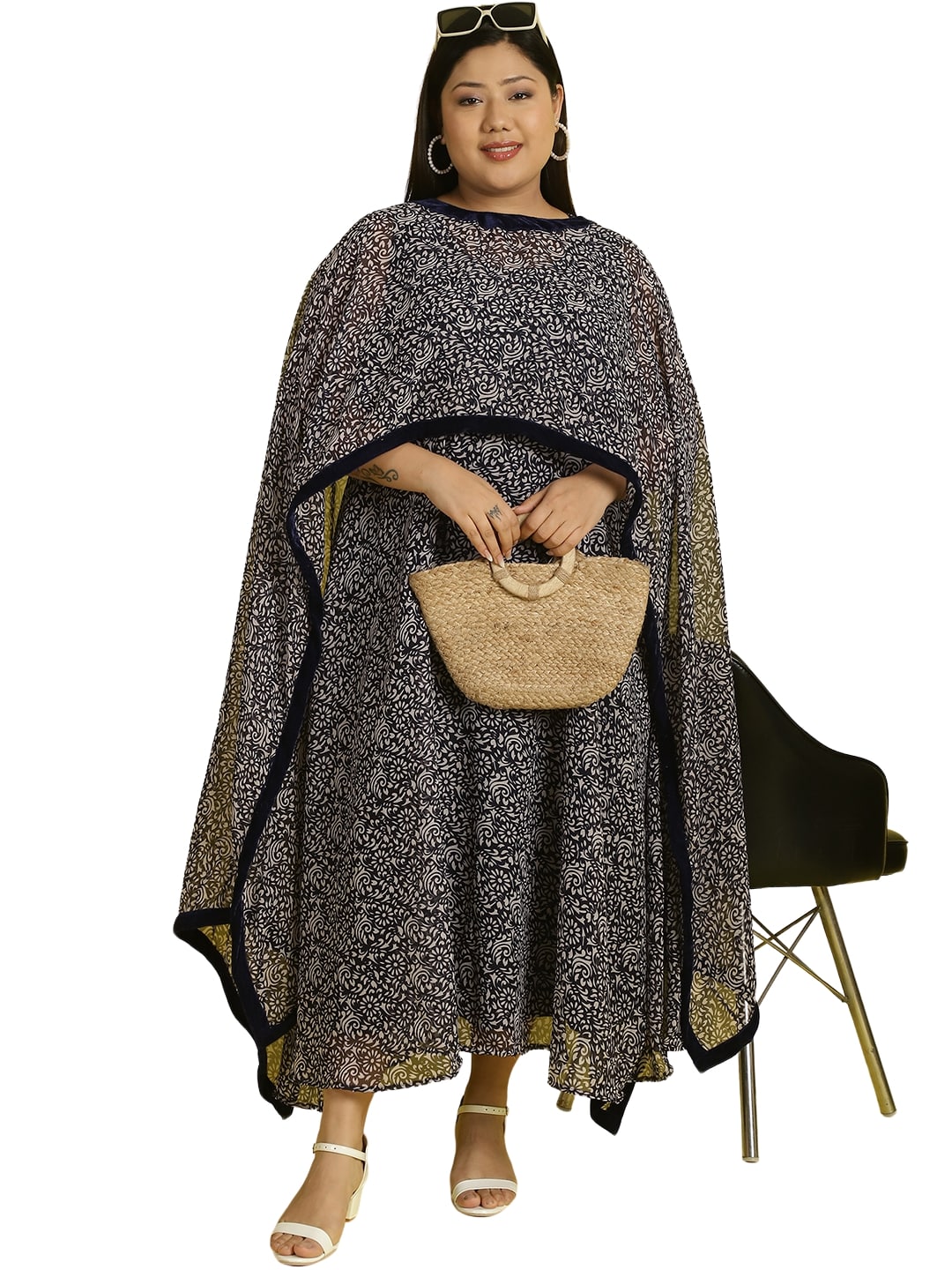 Women Georgette A-Line Midi Dress With Poncho Shrug