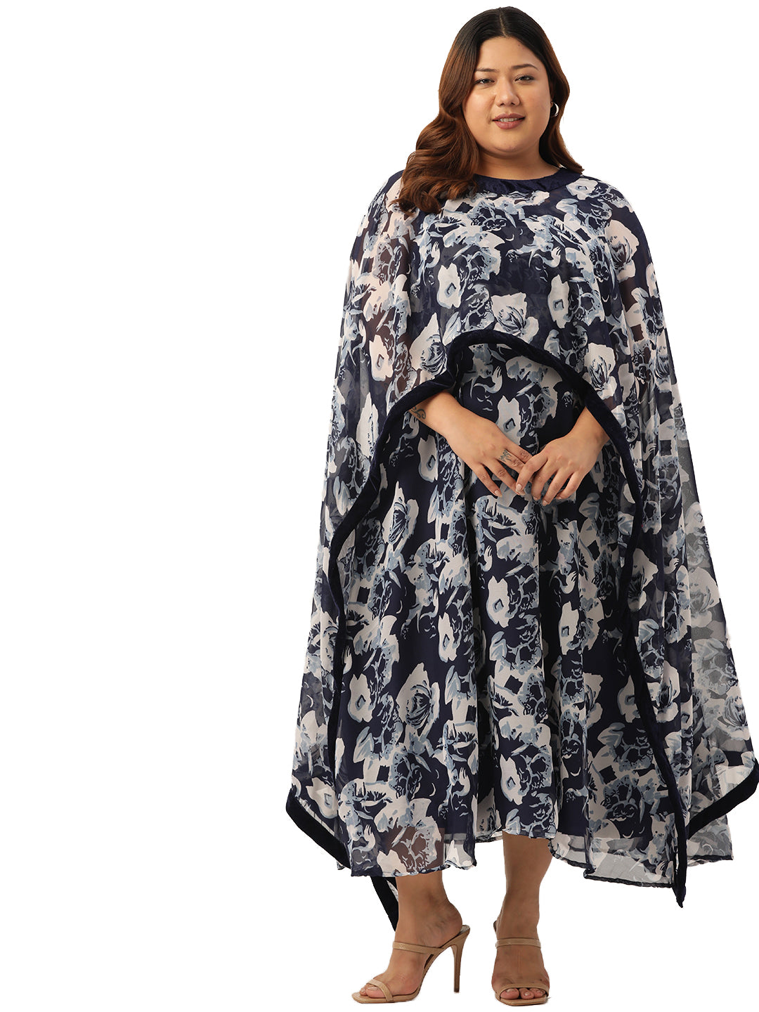 Women Georgette A-Line Midi Dress With Poncho Shrug