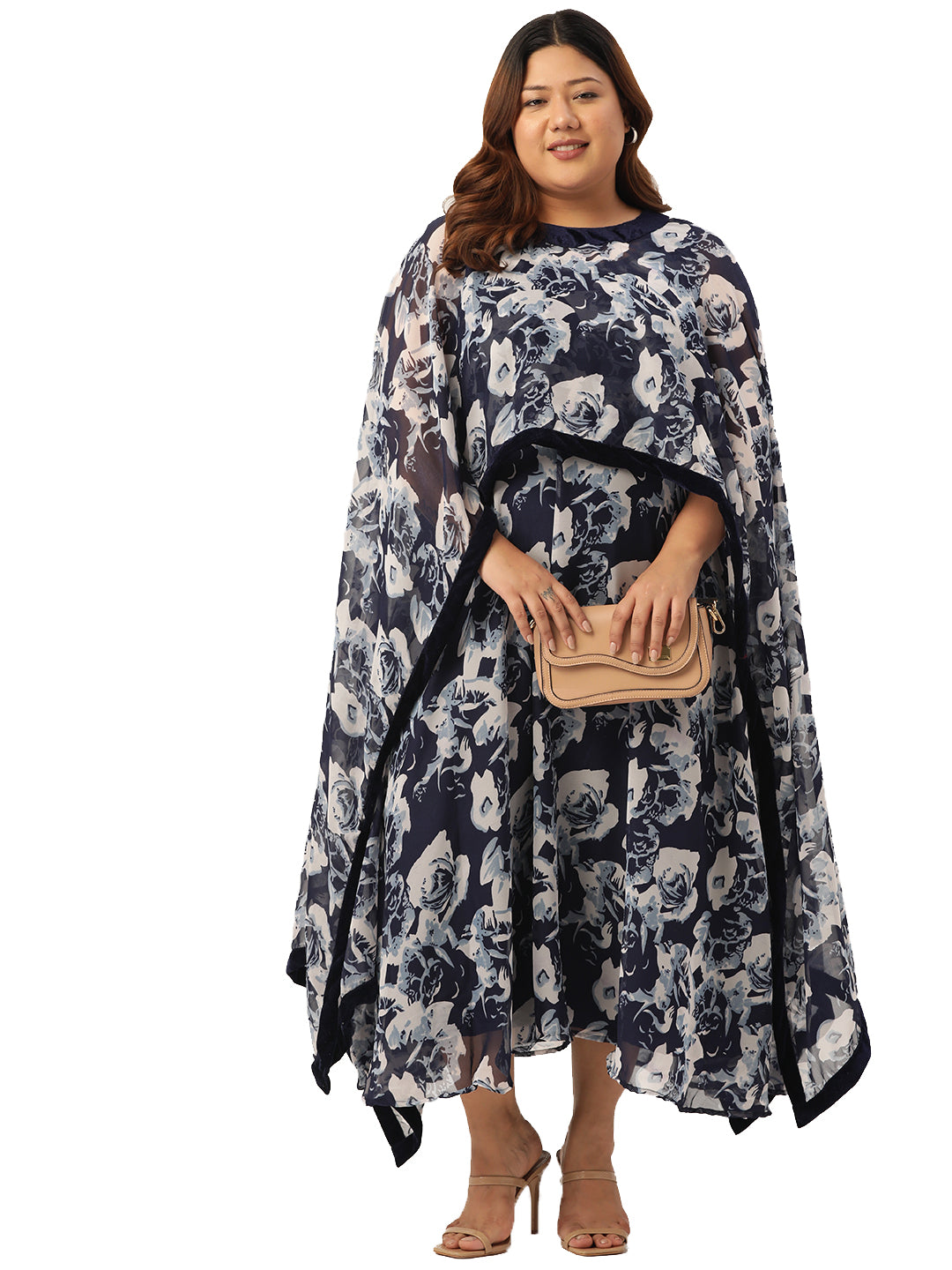 Women Georgette A-Line Midi Dress With Poncho Shrug