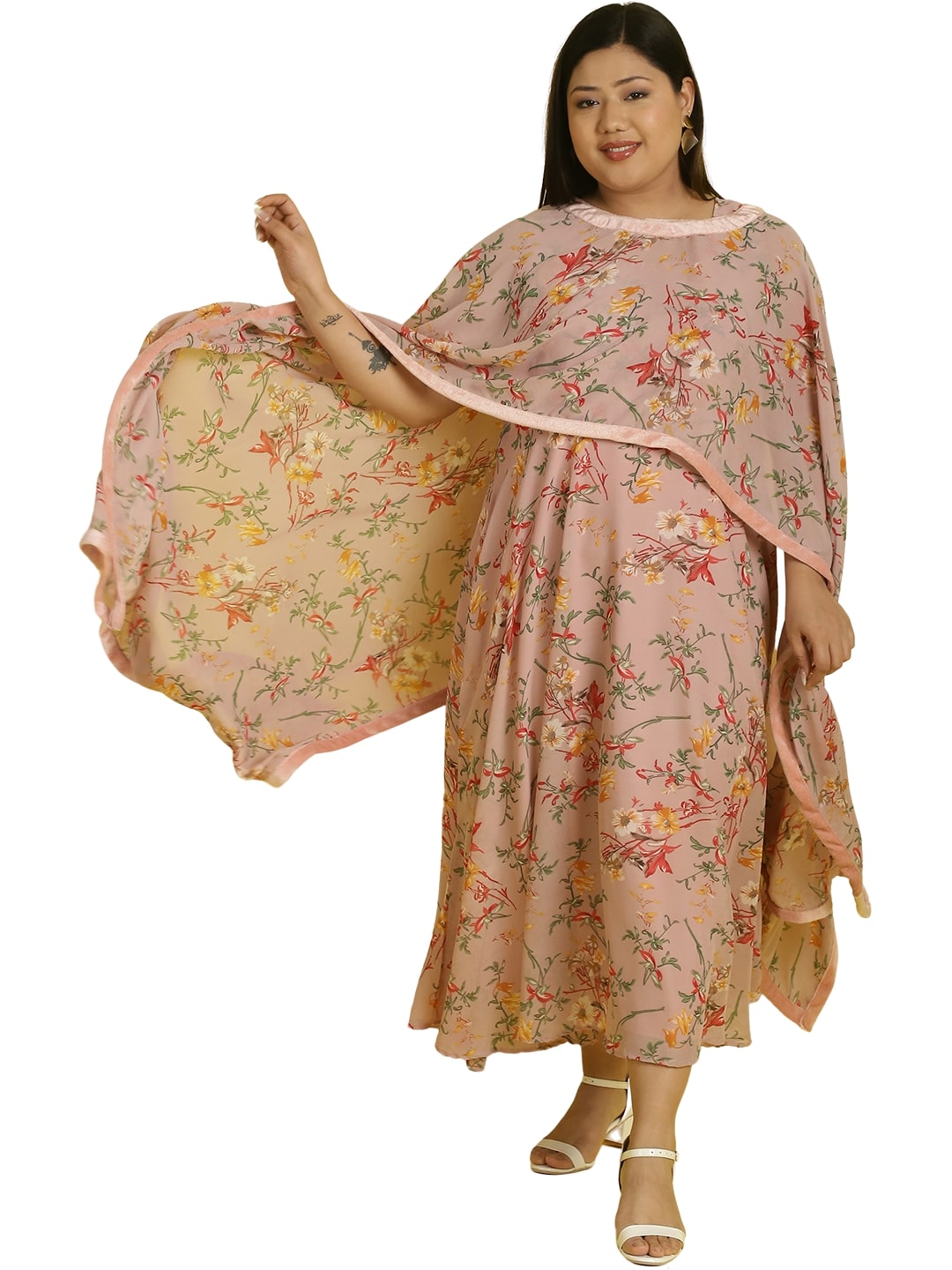 Women Georgette A-Line Midi Dress With Poncho Shrug