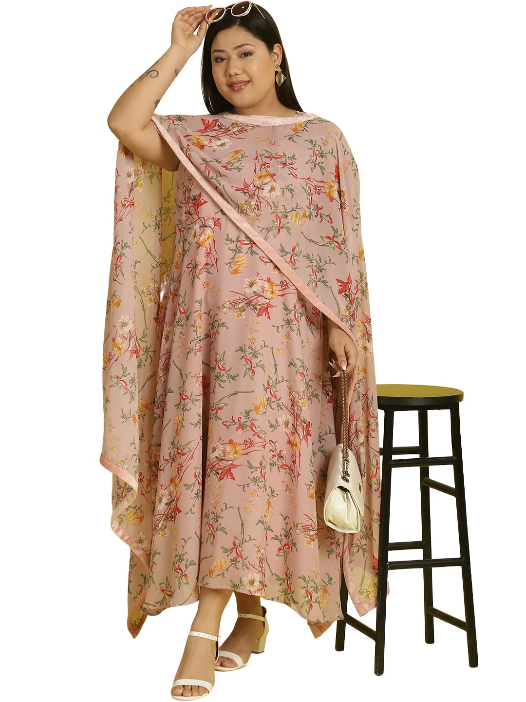 Women Georgette A-Line Midi Dress With Poncho Shrug