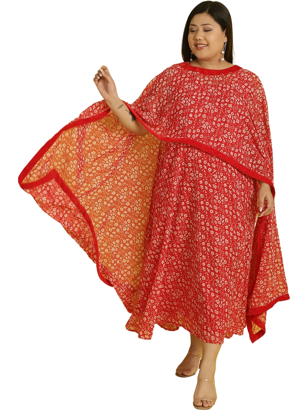 Women Georgette A-Line Midi Dress With Poncho Shrug