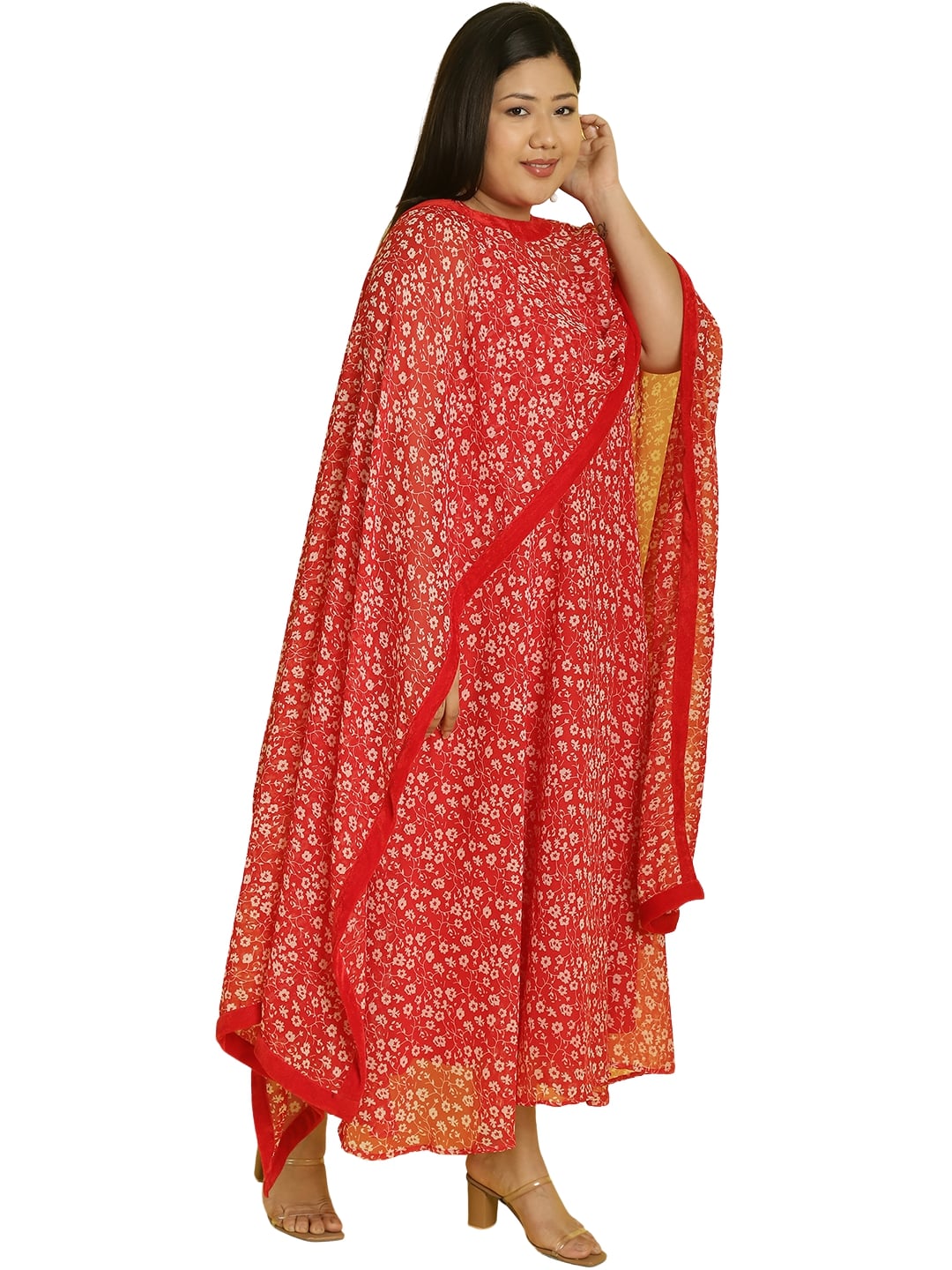 Women Georgette A-Line Midi Dress With Poncho Shrug