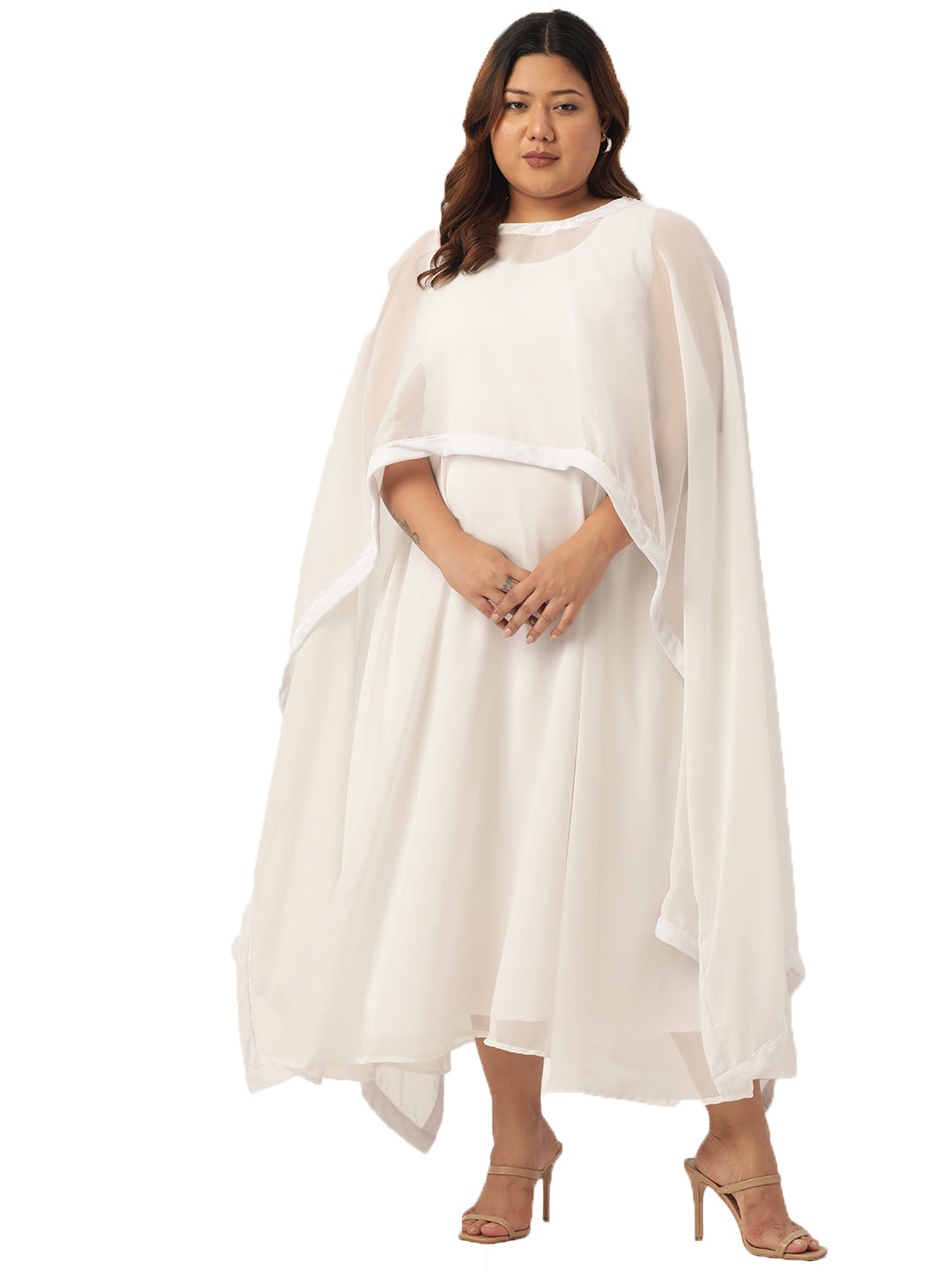 Women Georgette A-Line Midi Dress With Poncho Shrug