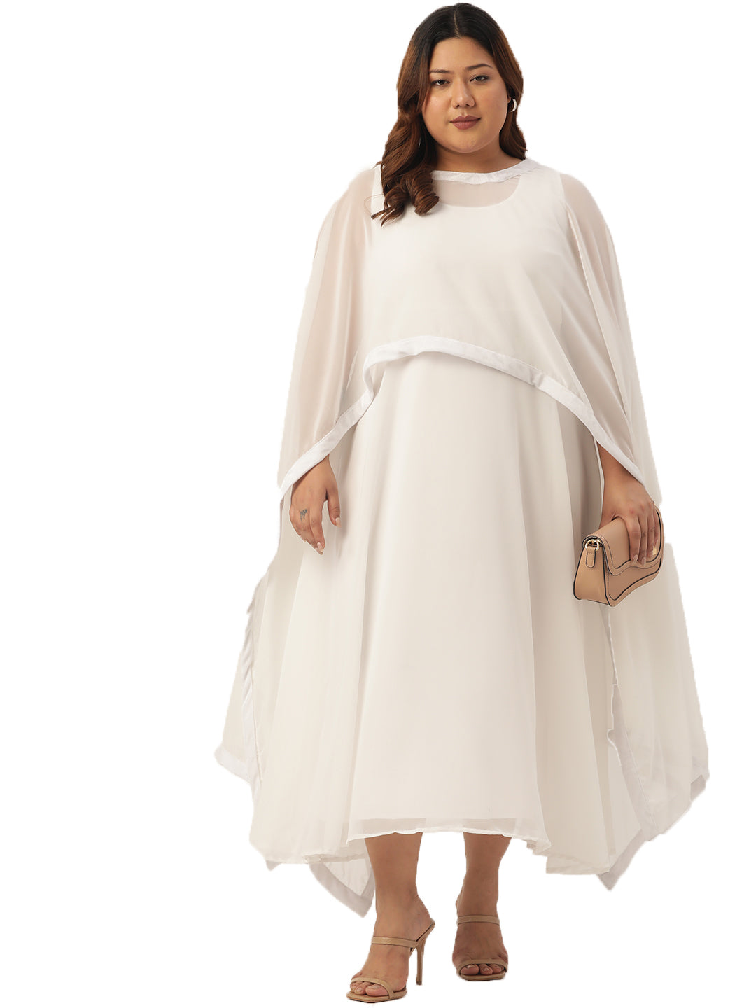 Women Georgette A-Line Midi Dress With Poncho Shrug