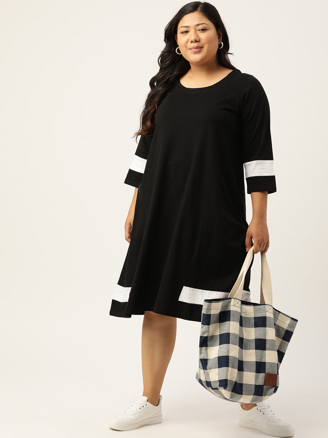 Women's Plus Size Black Solid Color Cotton Knitted A-Line Dress