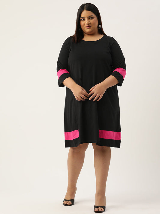 Women's Plus Size Black Solid Color Cotton Knitted A-Line Dress