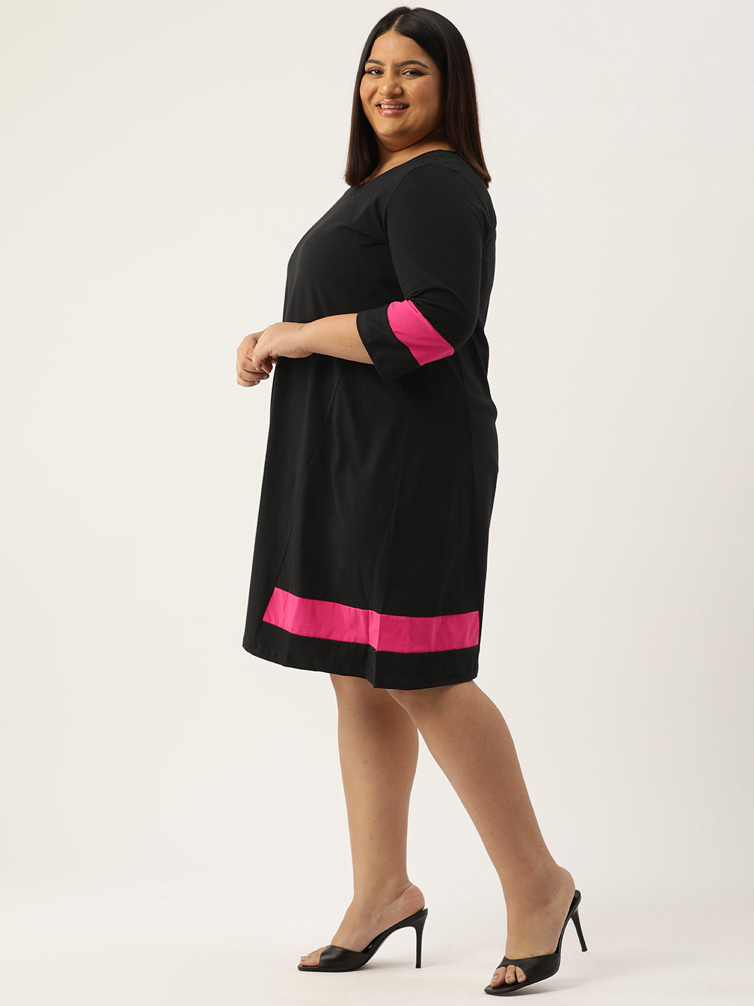 Women's Plus Size Black Solid Color Cotton Knitted A-Line Dress
