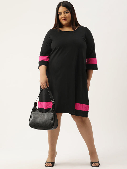 Women's Plus Size Black Solid Color Cotton Knitted A-Line Dress