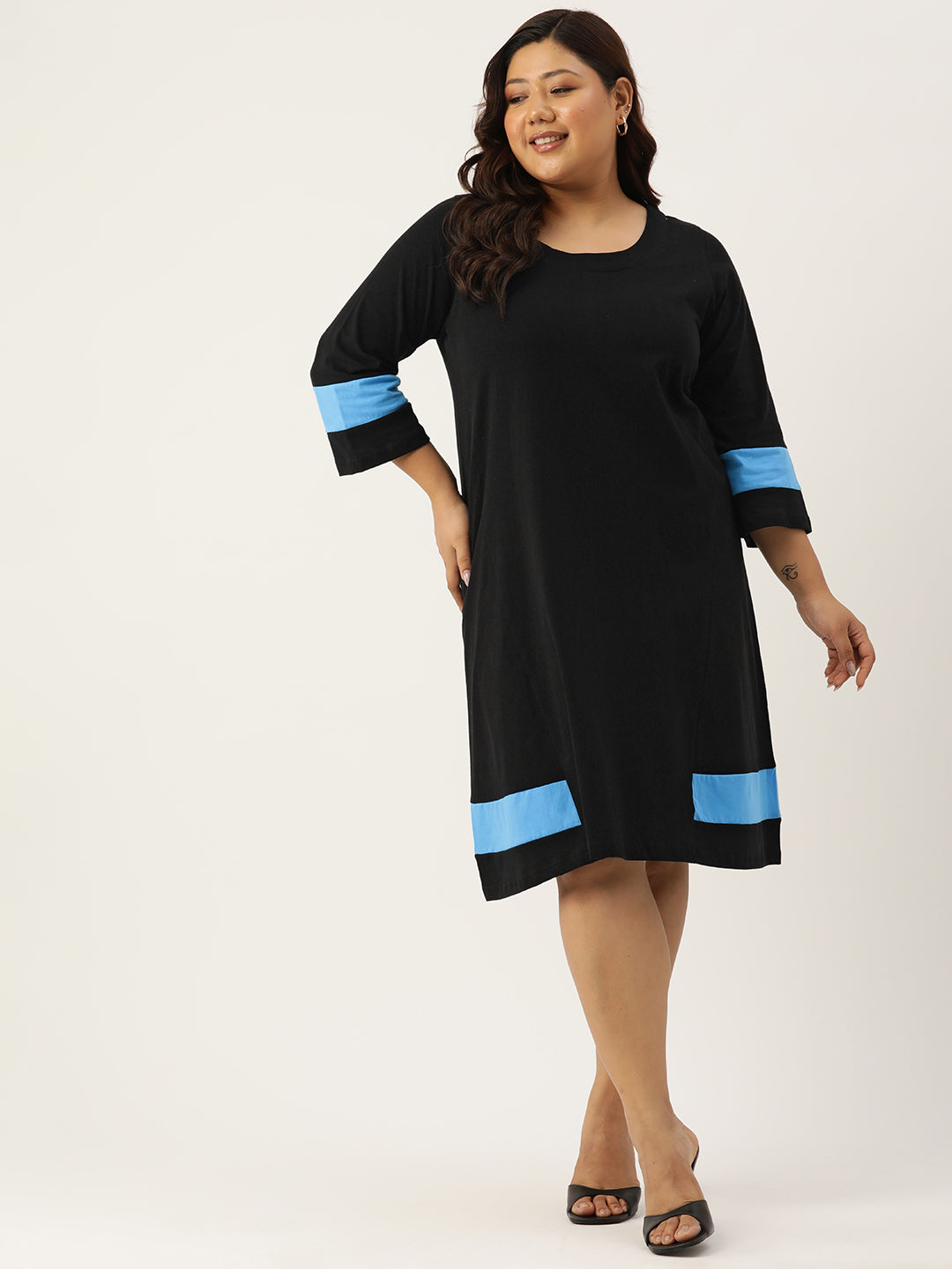 Women's Plus Size Black Solid Color Cotton Knitted A-Line Dress
