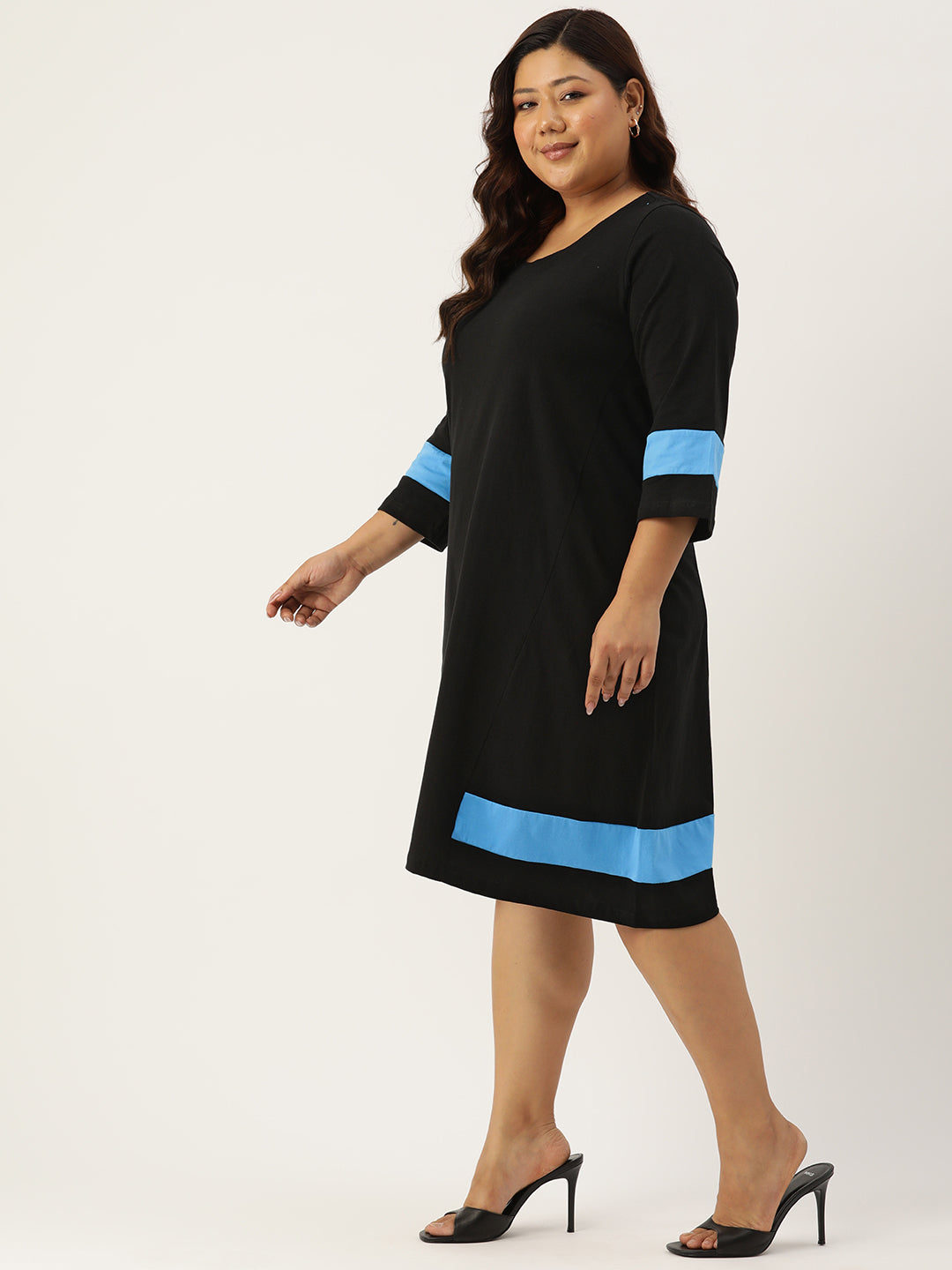 Women's Plus Size Black Solid Color Cotton Knitted A-Line Dress