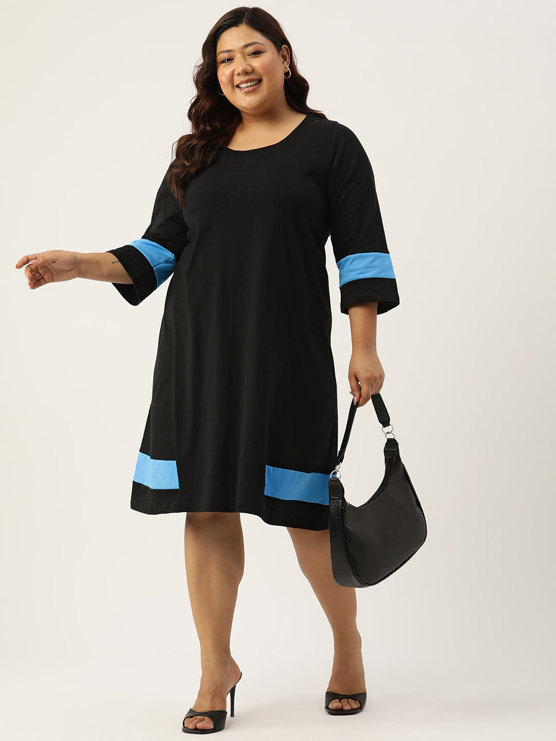Women's Plus Size Black Solid Color Cotton Knitted A-Line Dress