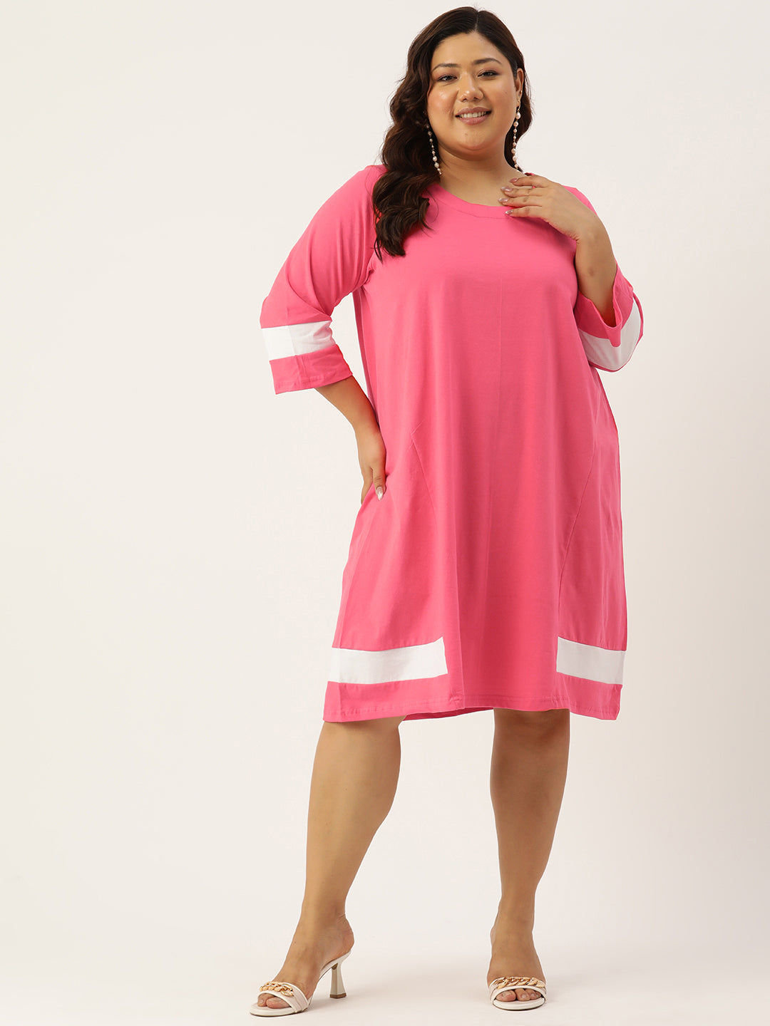 Women's Plus Size Fuchsia Solid Color Cotton Knitted A-Line Dress