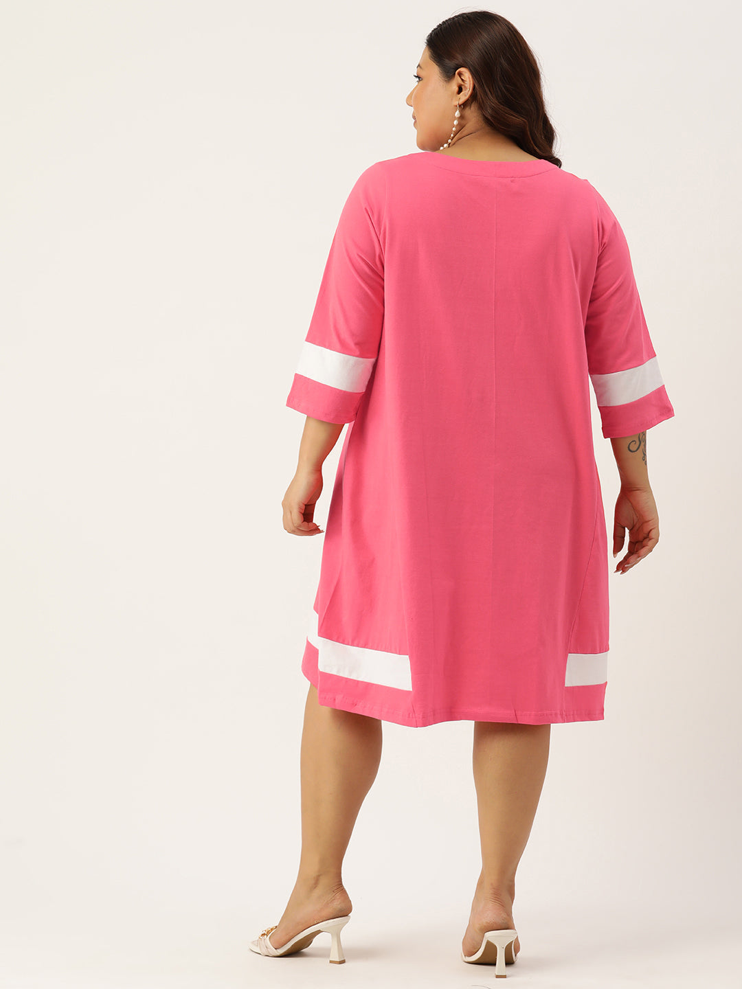 Women's Plus Size Fuchsia Solid Color Cotton Knitted A-Line Dress