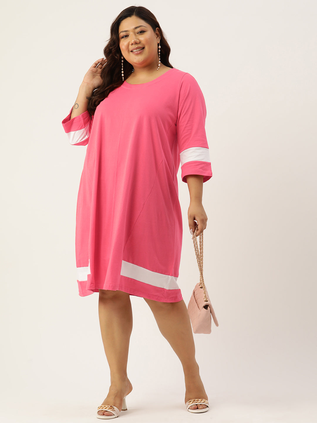 Women's Plus Size Fuchsia Solid Color Cotton Knitted A-Line Dress