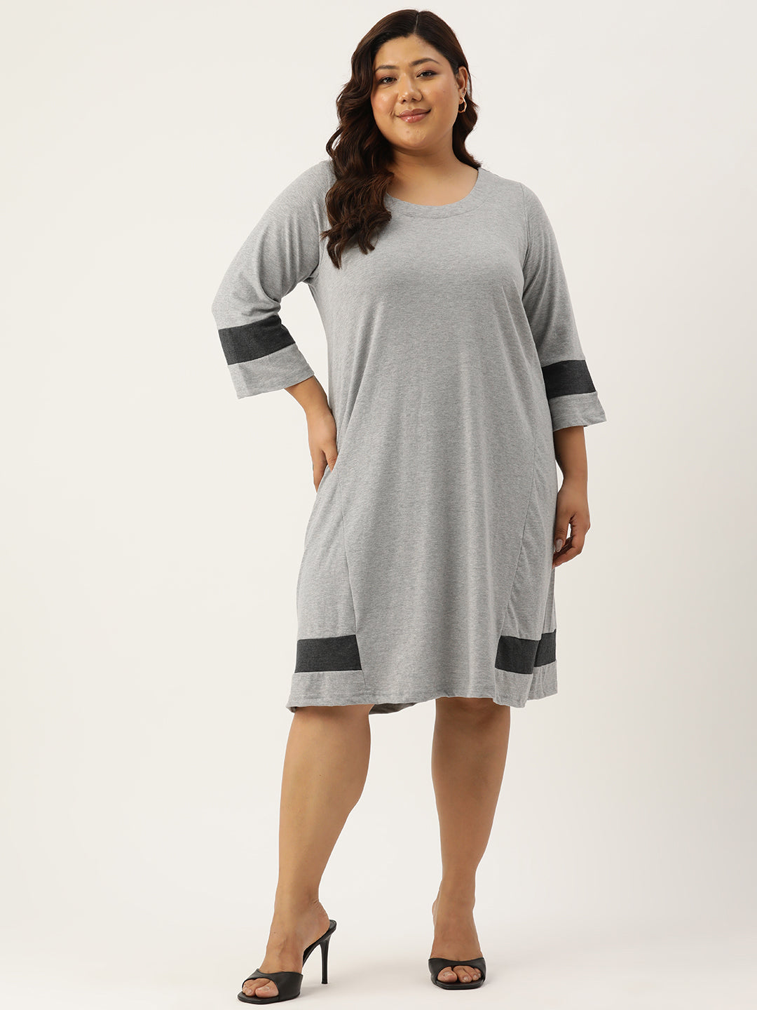 Women's Plus Size Black Solid Color Cotton Knitted A-Line Dress