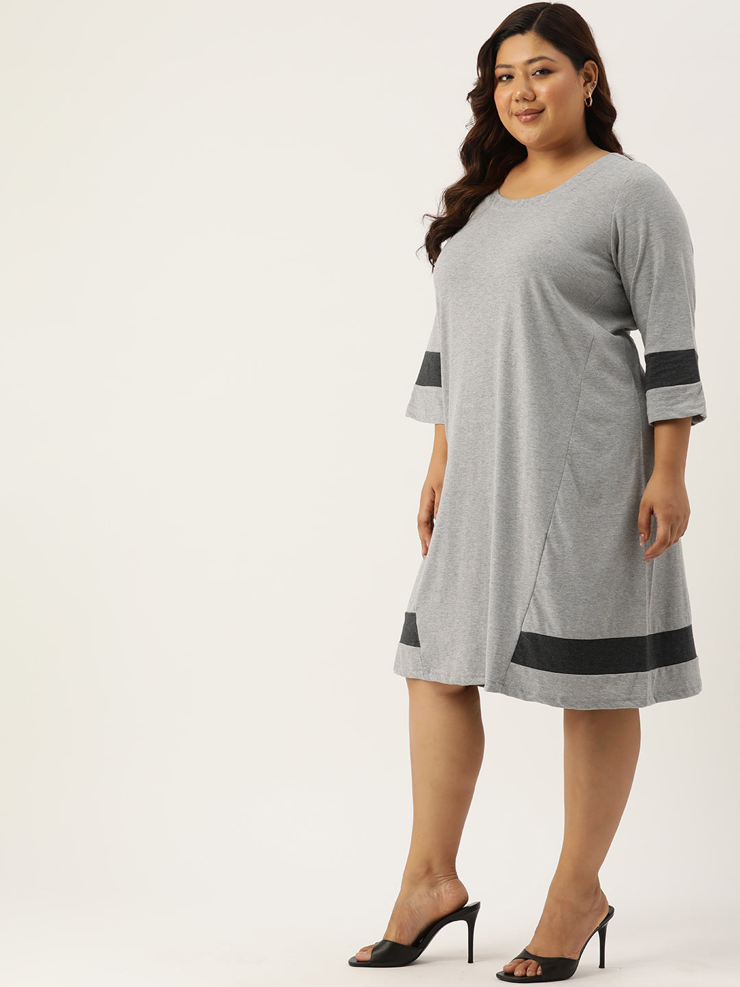 Women's Plus Size Black Solid Color Cotton Knitted A-Line Dress