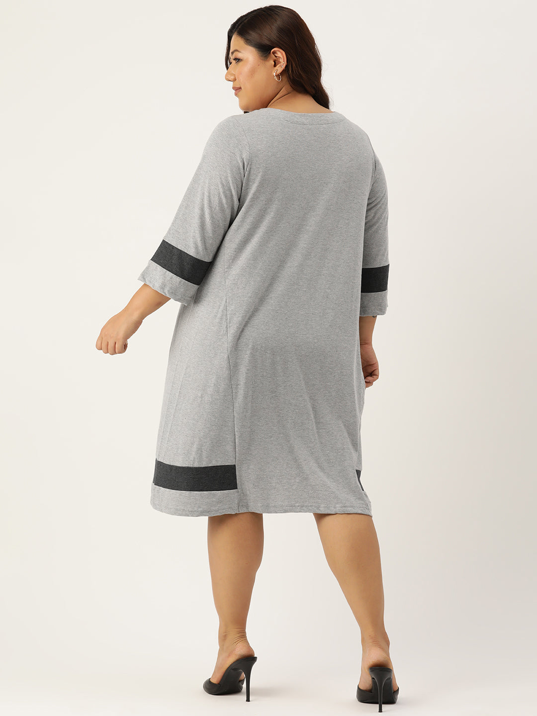 Women's Plus Size Black Solid Color Cotton Knitted A-Line Dress