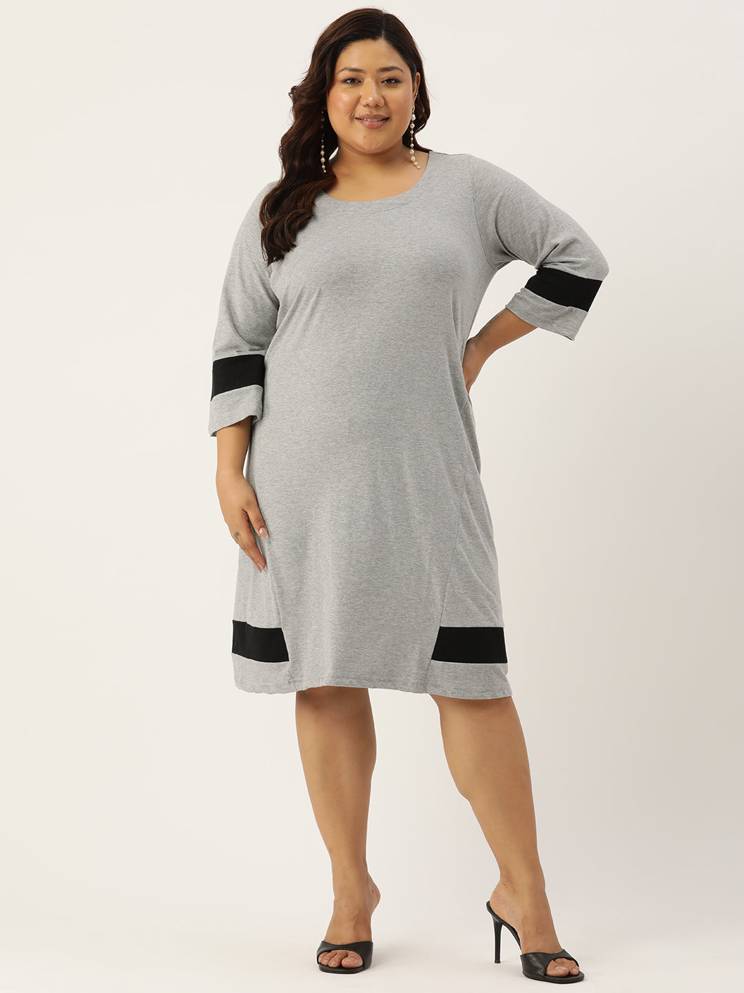 Women's Plus Size Light Grey Solid Color Cotton Knitted A-Line Dress