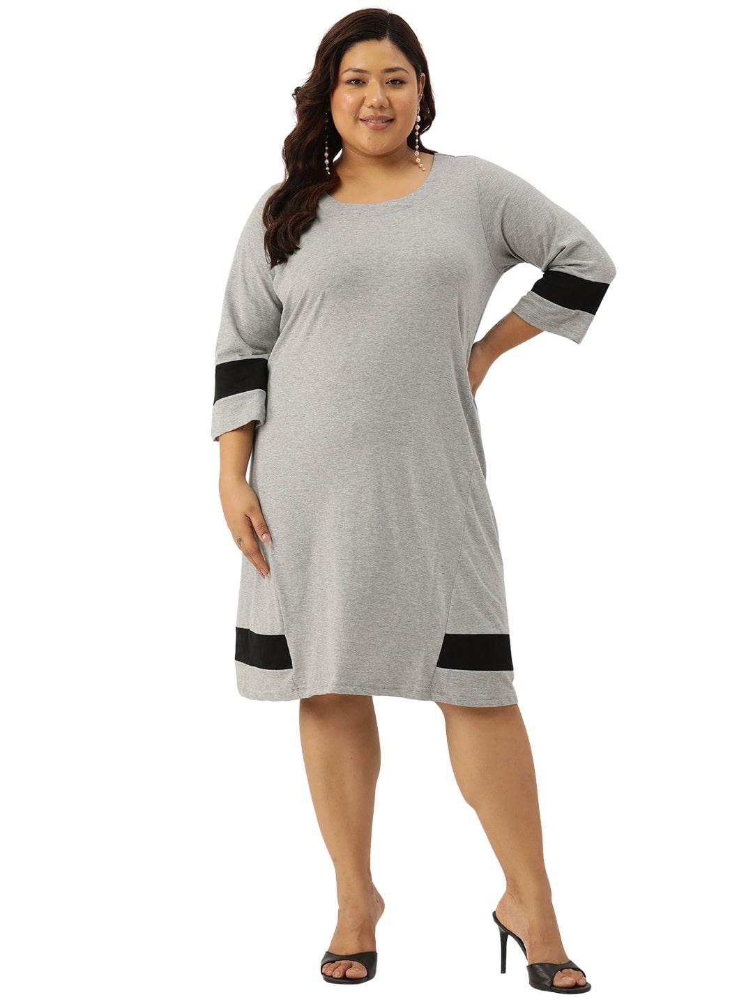Women's Plus Size Light Grey Solid Color Cotton Knitted A-Line Dress