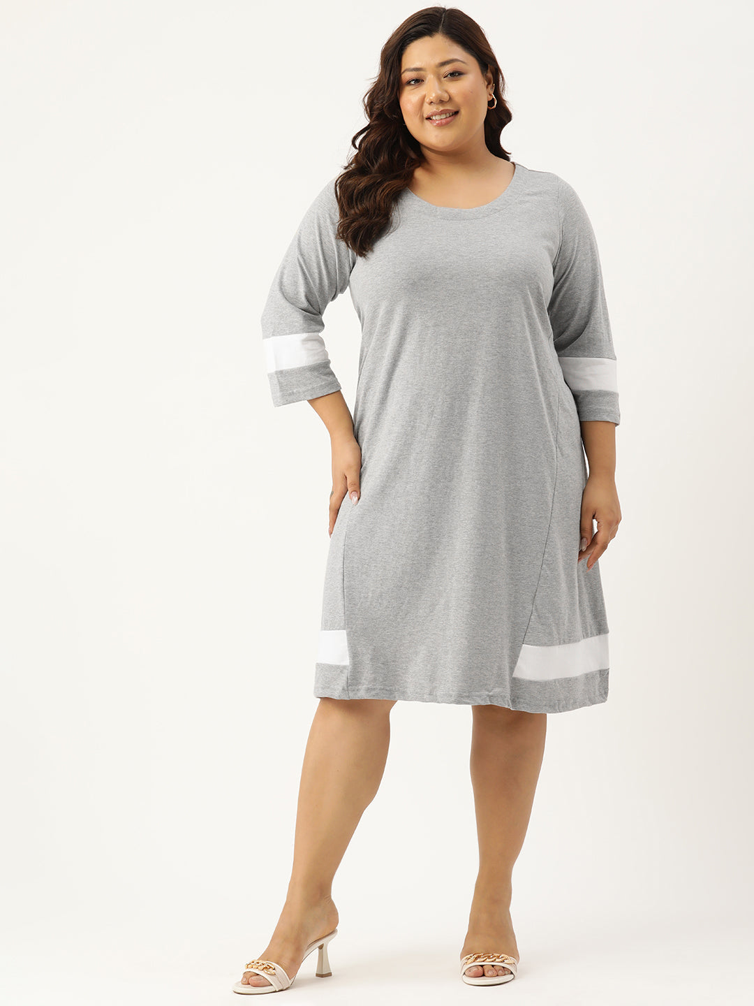 Women's Plus Size Light Grey Solid Color Cotton Knitted A-Line Dress