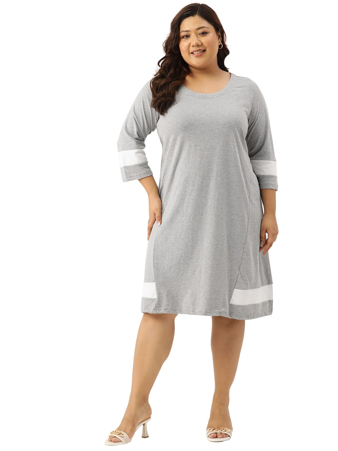 Women's Plus Size Light Grey Solid Color Cotton Knitted A-Line Dress