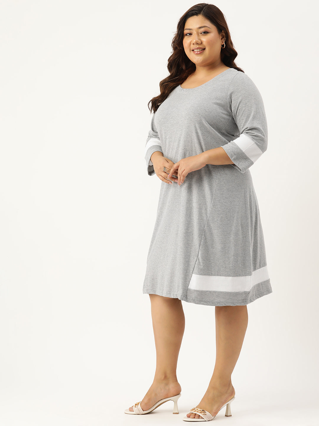 Women's Plus Size Light Grey Solid Color Cotton Knitted A-Line Dress