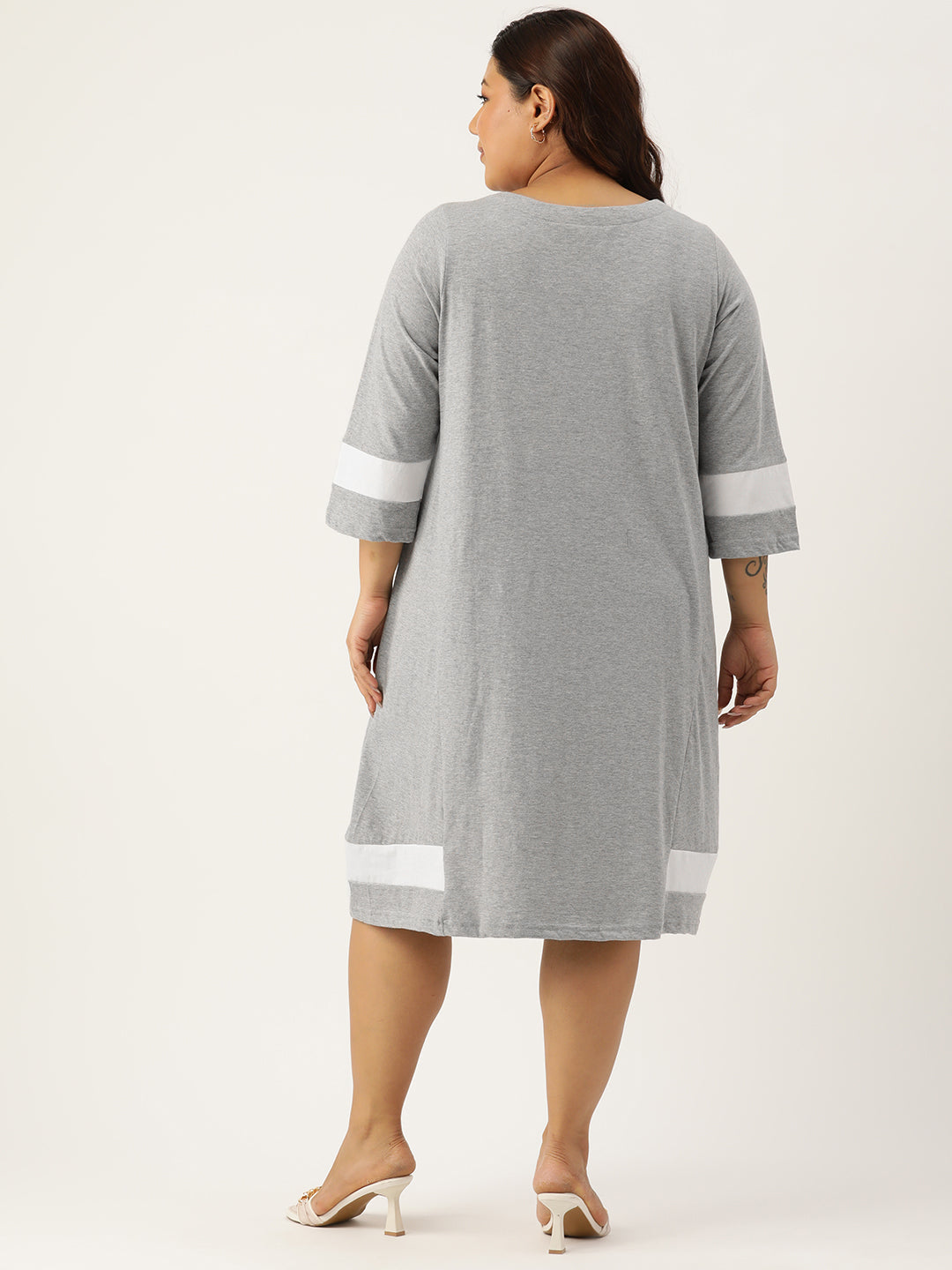 Women's Plus Size Light Grey Solid Color Cotton Knitted A-Line Dress