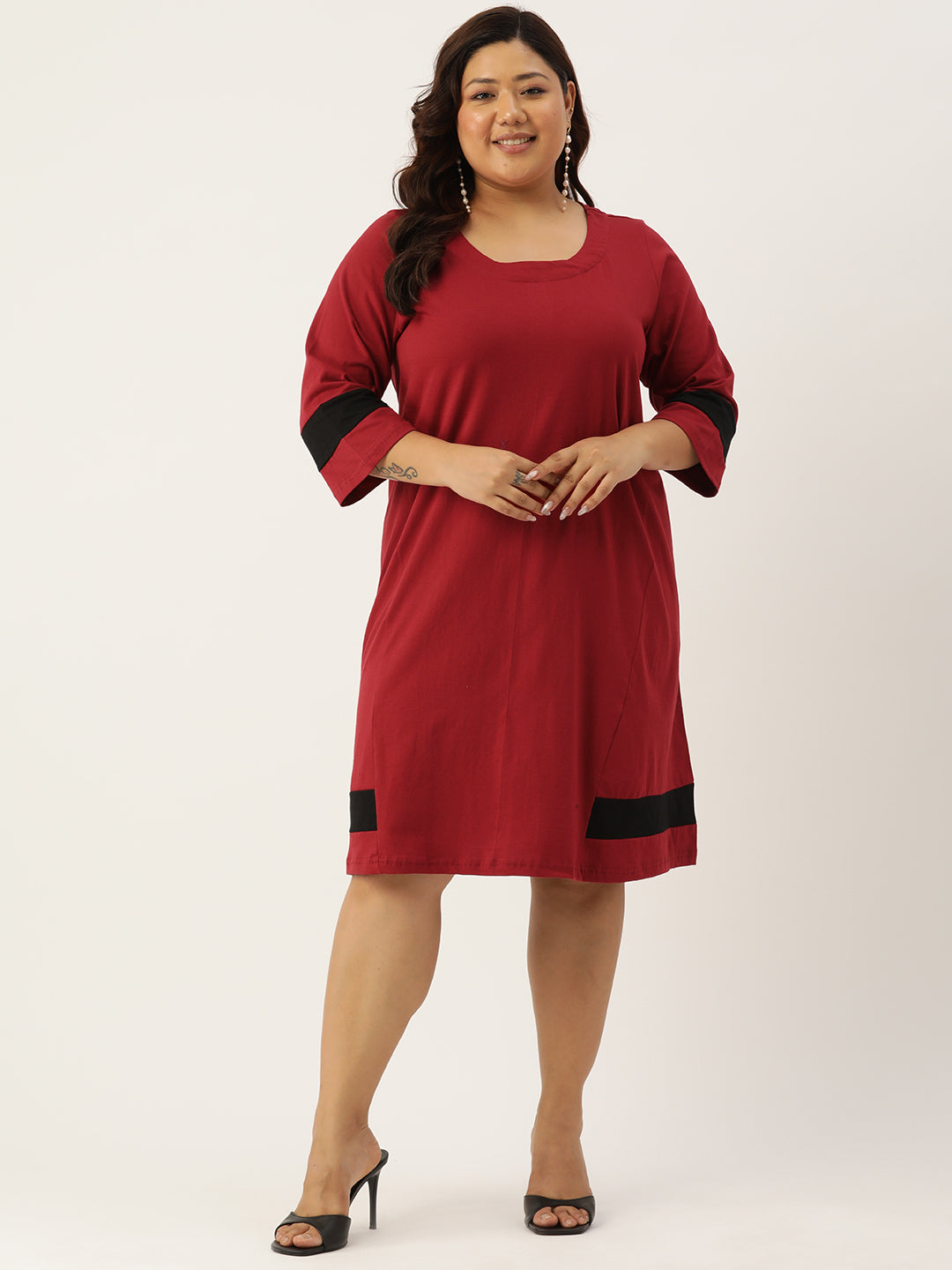 Women's Plus Size Maroon Solid Color Cotton Knitted A-Line Dress