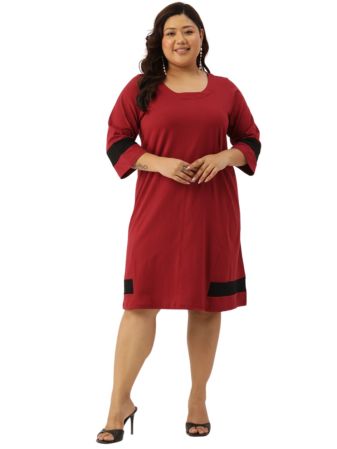 Women's Plus Size Maroon Solid Color Cotton Knitted A-Line Dress