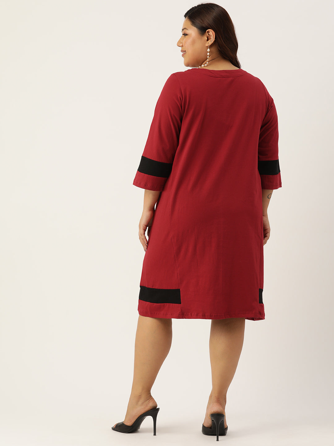 Women's Plus Size Maroon Solid Color Cotton Knitted A-Line Dress