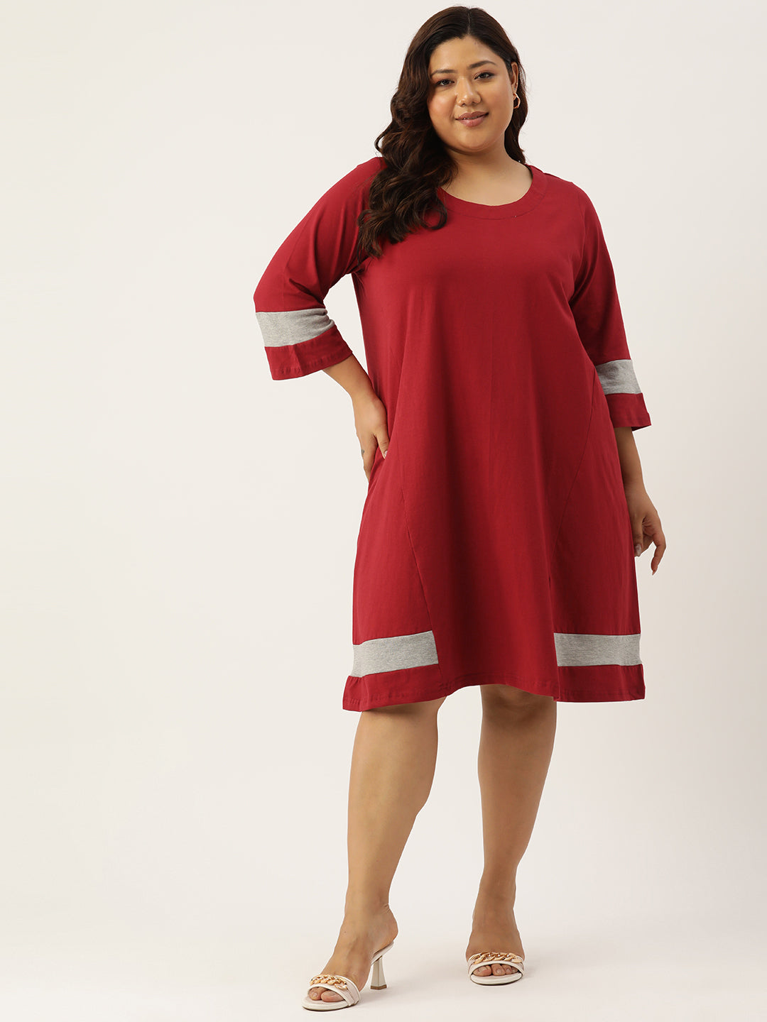 Women's Plus Size Maroon Solid Color Cotton Knitted A-Line Dress