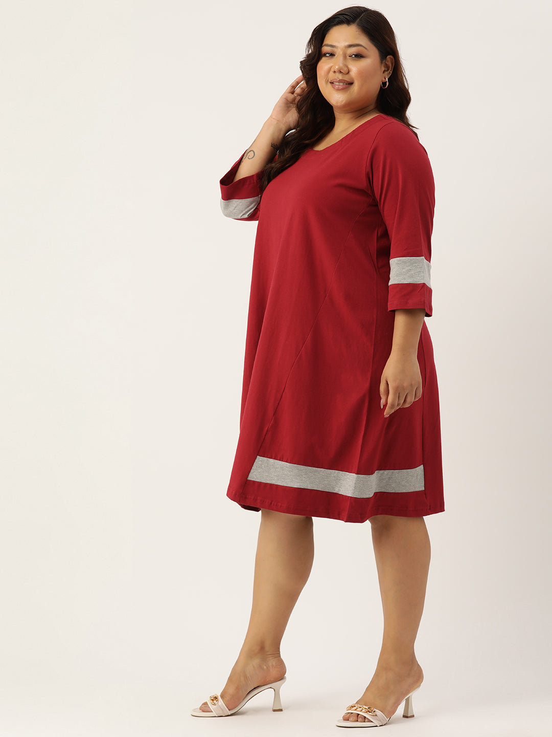 Women's Plus Size Maroon Solid Color Cotton Knitted A-Line Dress