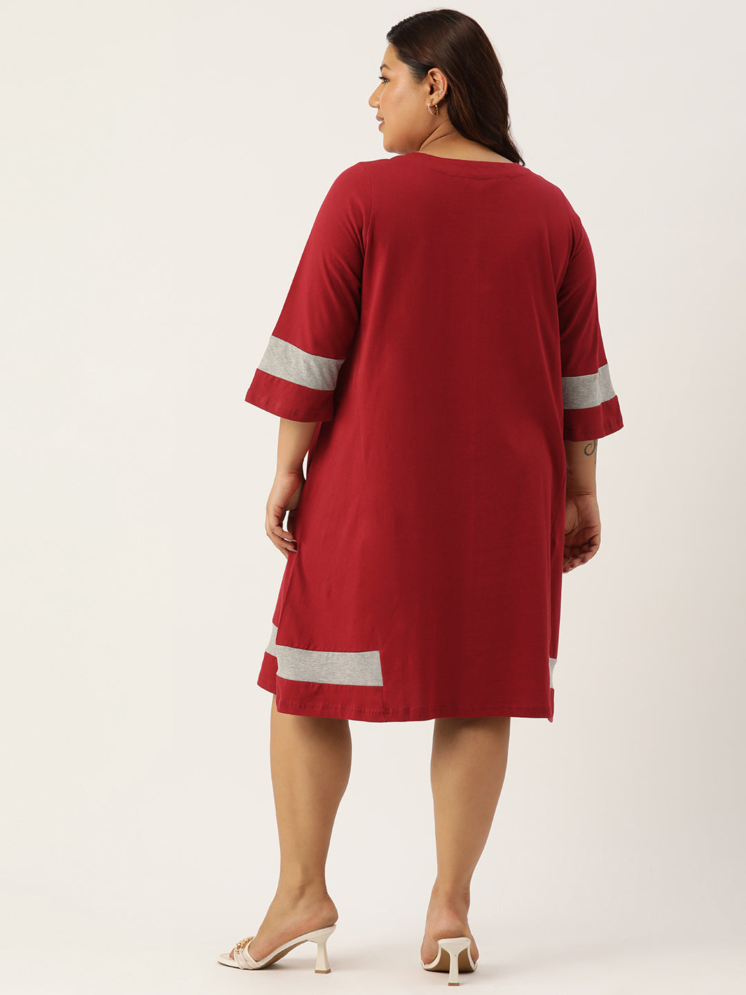 Women's Plus Size Maroon Solid Color Cotton Knitted A-Line Dress