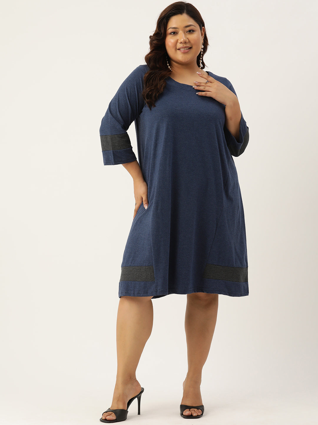 Women's Plus Size Melange Blue Solid Color Cotton Knitted A-Line Dress