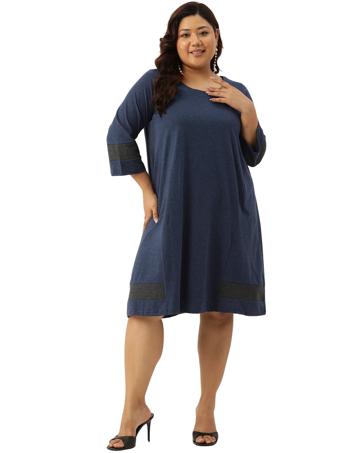 Women's Plus Size Melange Blue Solid Color Cotton Knitted A-Line Dress