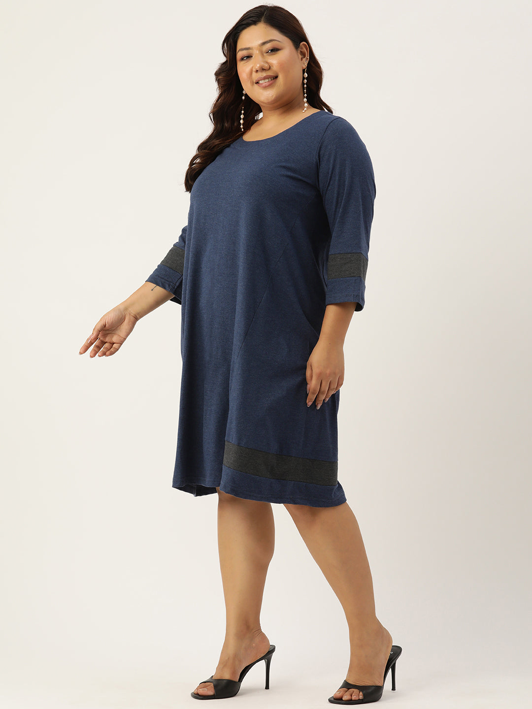Women's Plus Size Melange Blue Solid Color Cotton Knitted A-Line Dress