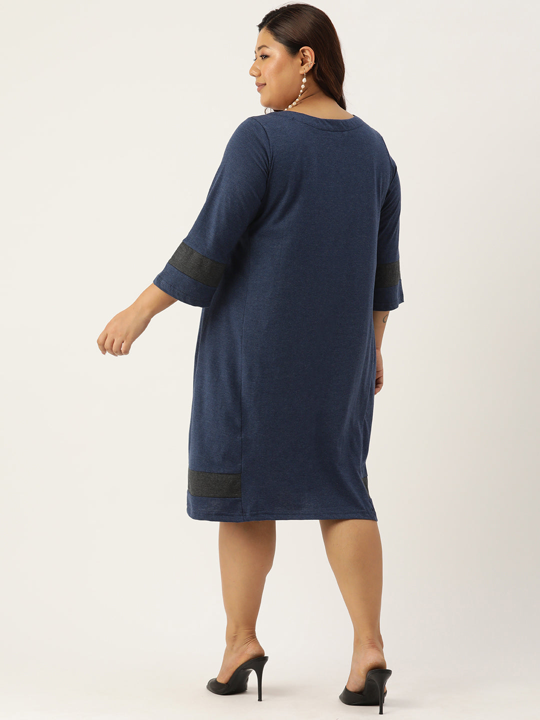 Women's Plus Size Melange Blue Solid Color Cotton Knitted A-Line Dress