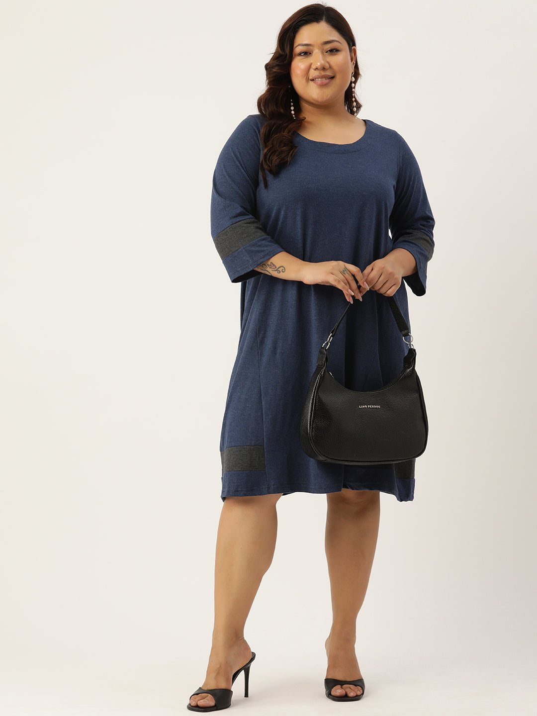 Women's Plus Size Melange Blue Solid Color Cotton Knitted A-Line Dress
