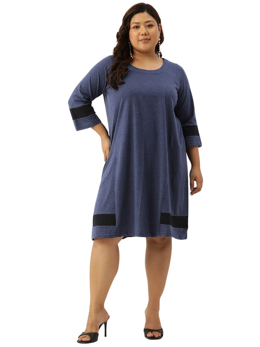 Women's Plus Size Melange Blue Solid Color Cotton Knitted A-Line Dress