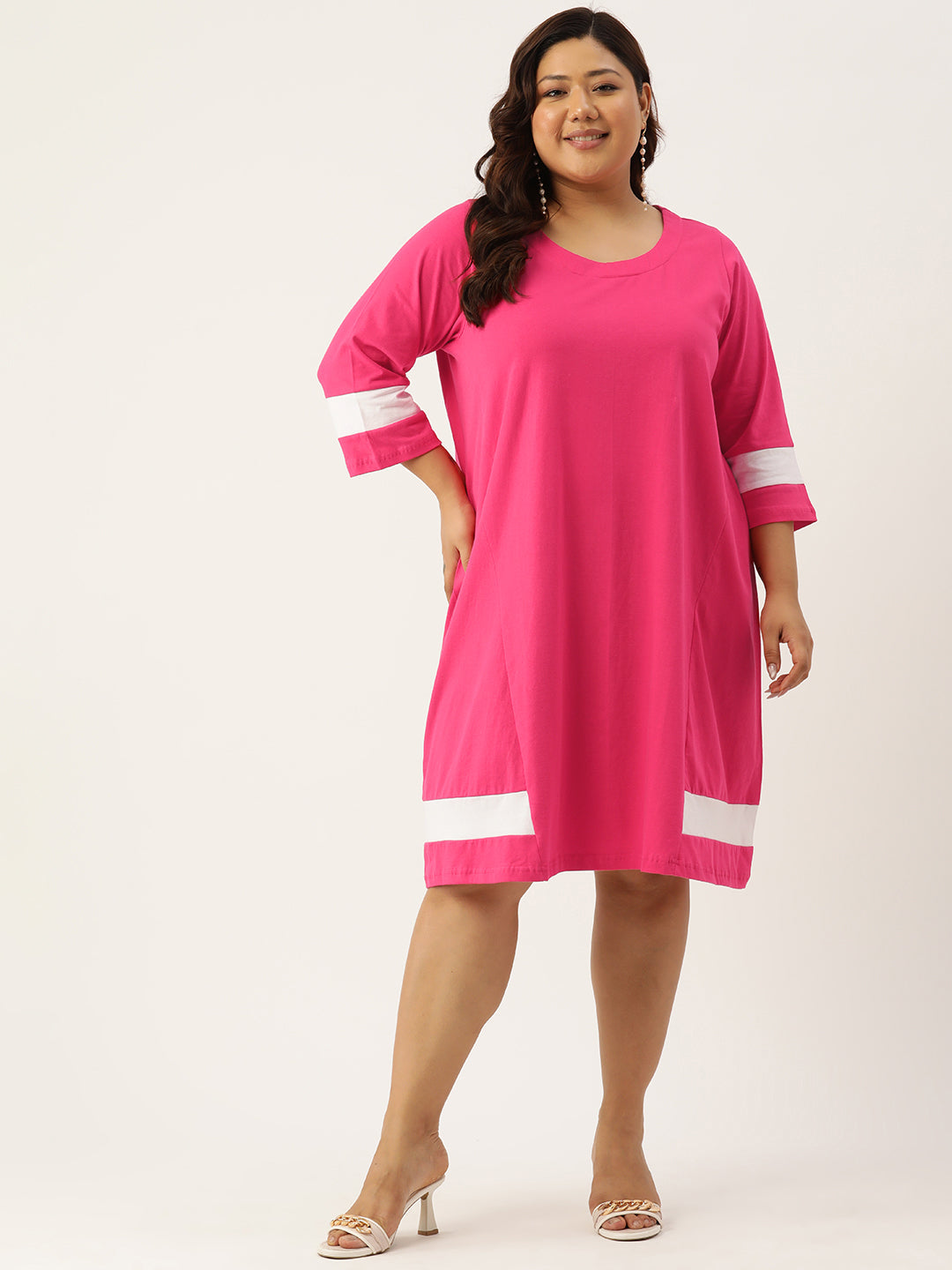 Women's Plus Size Peach Solid Color Cotton Knitted A-Line Dress