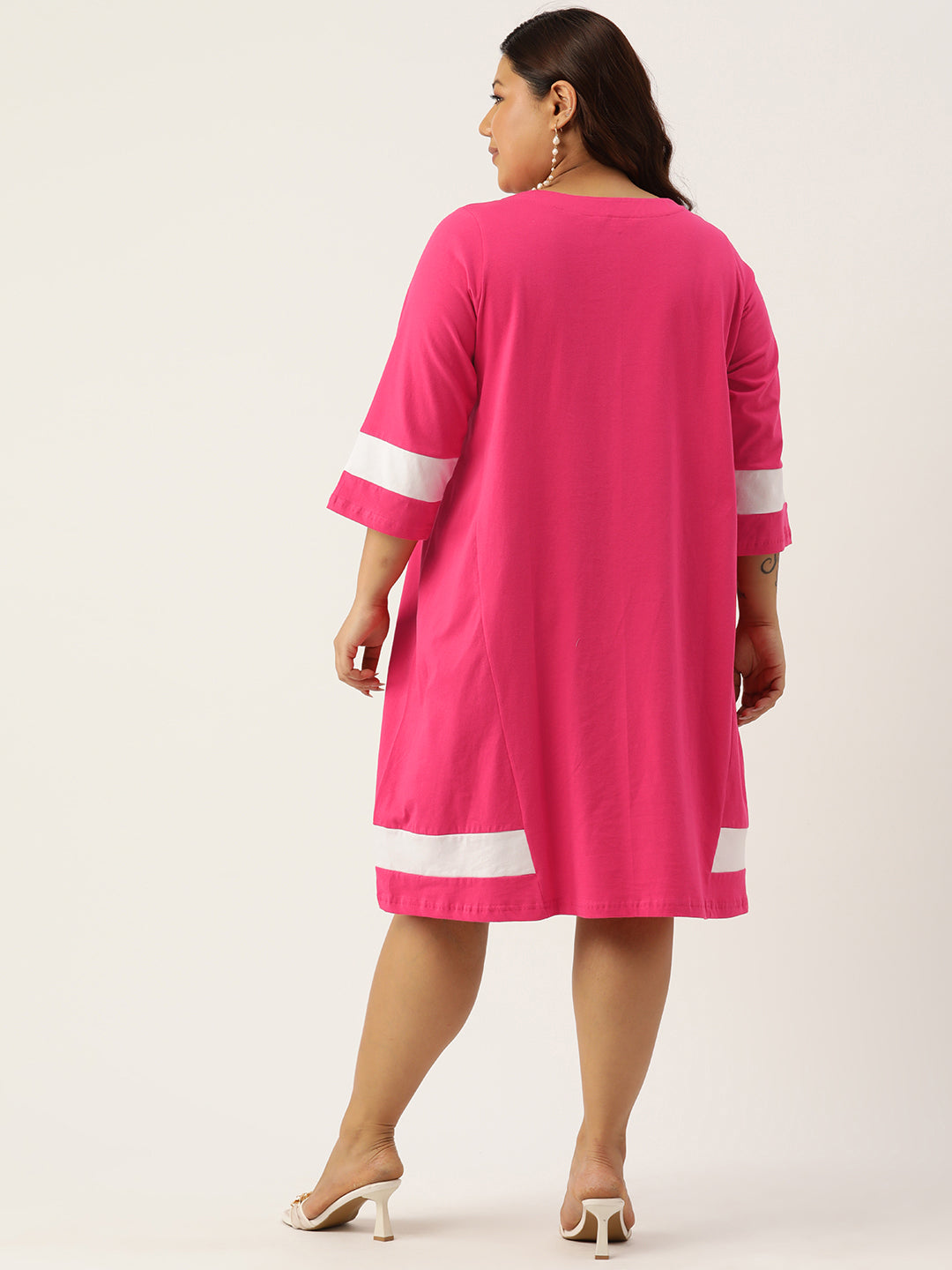 Women's Plus Size Peach Solid Color Cotton Knitted A-Line Dress