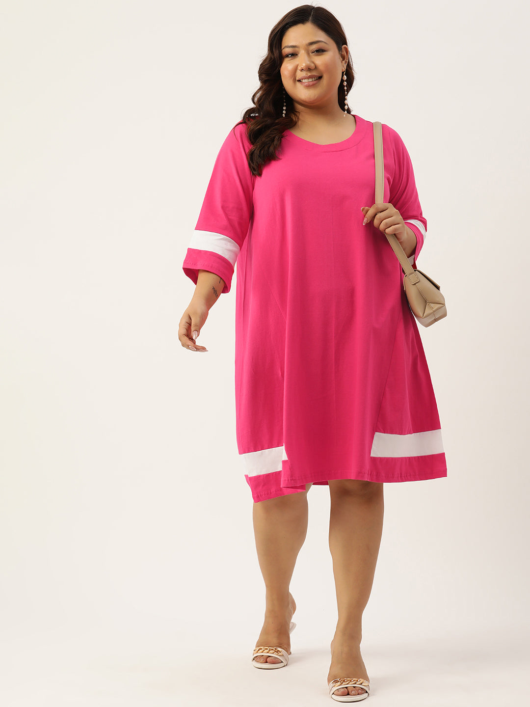 Women's Plus Size Peach Solid Color Cotton Knitted A-Line Dress