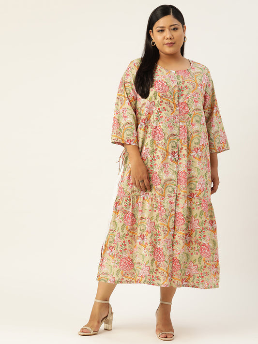 Plus Size Womens Printed Layered A-Line Midi Dress