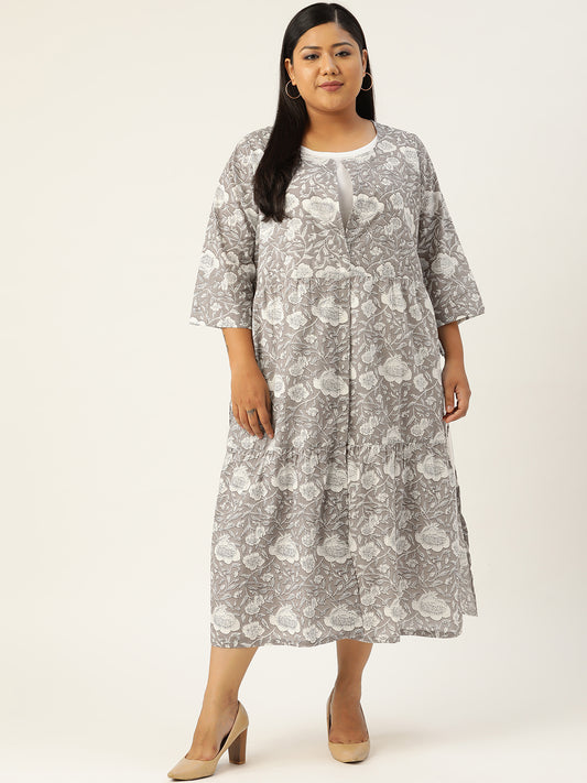 Plus Size Women's Printed Layered A-Line Midi Dress