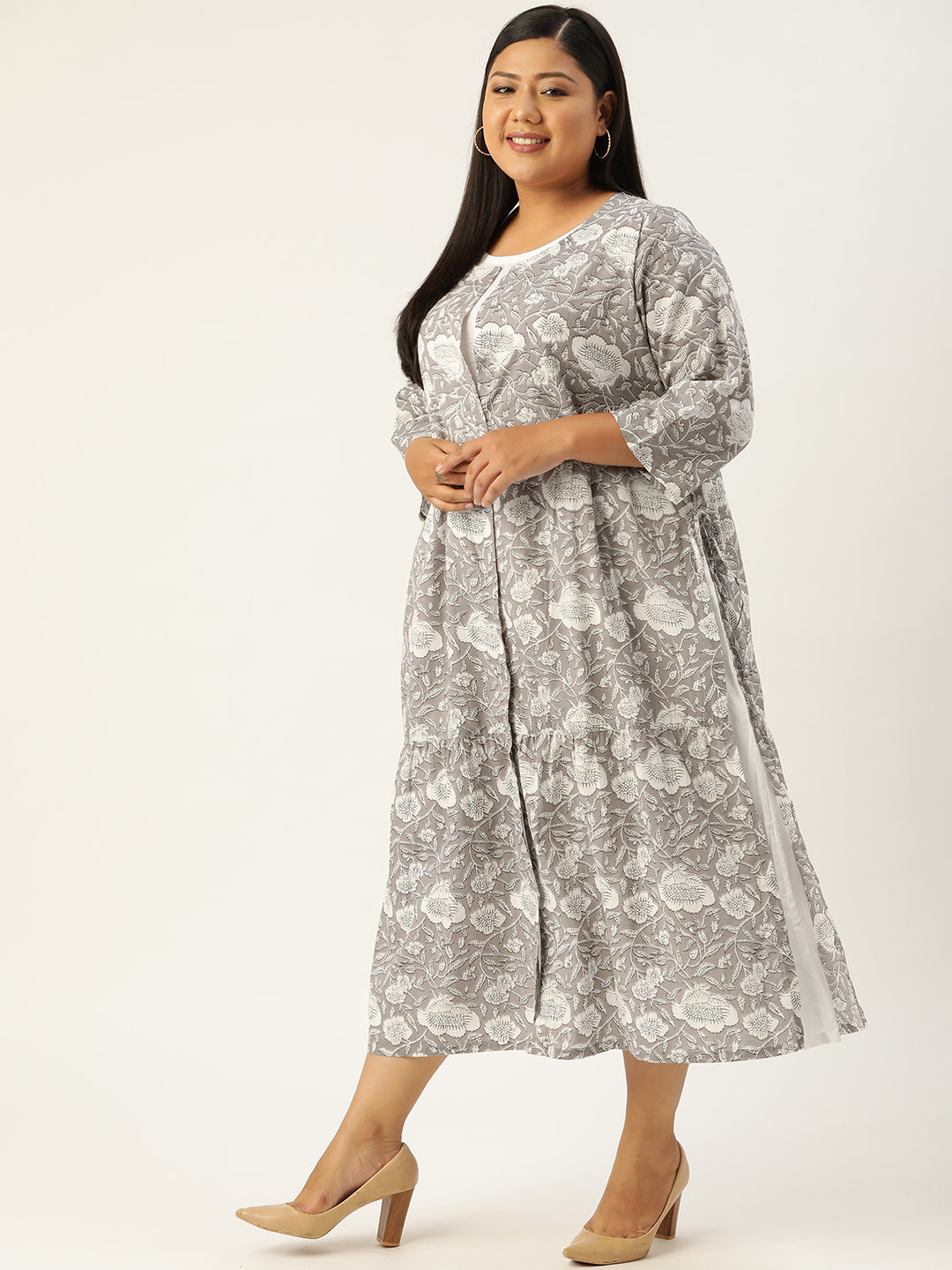 Plus Size Women's Printed Layered A-Line Midi Dress