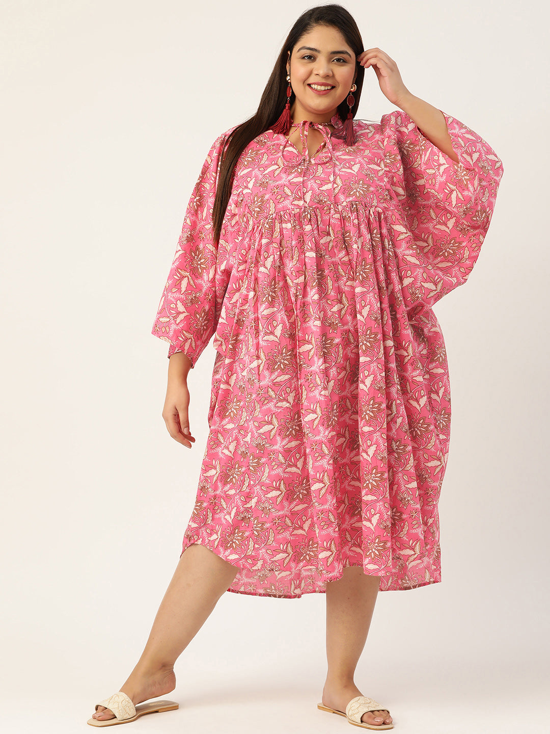 Plus Size Neck Tie-Up Cotton Dress