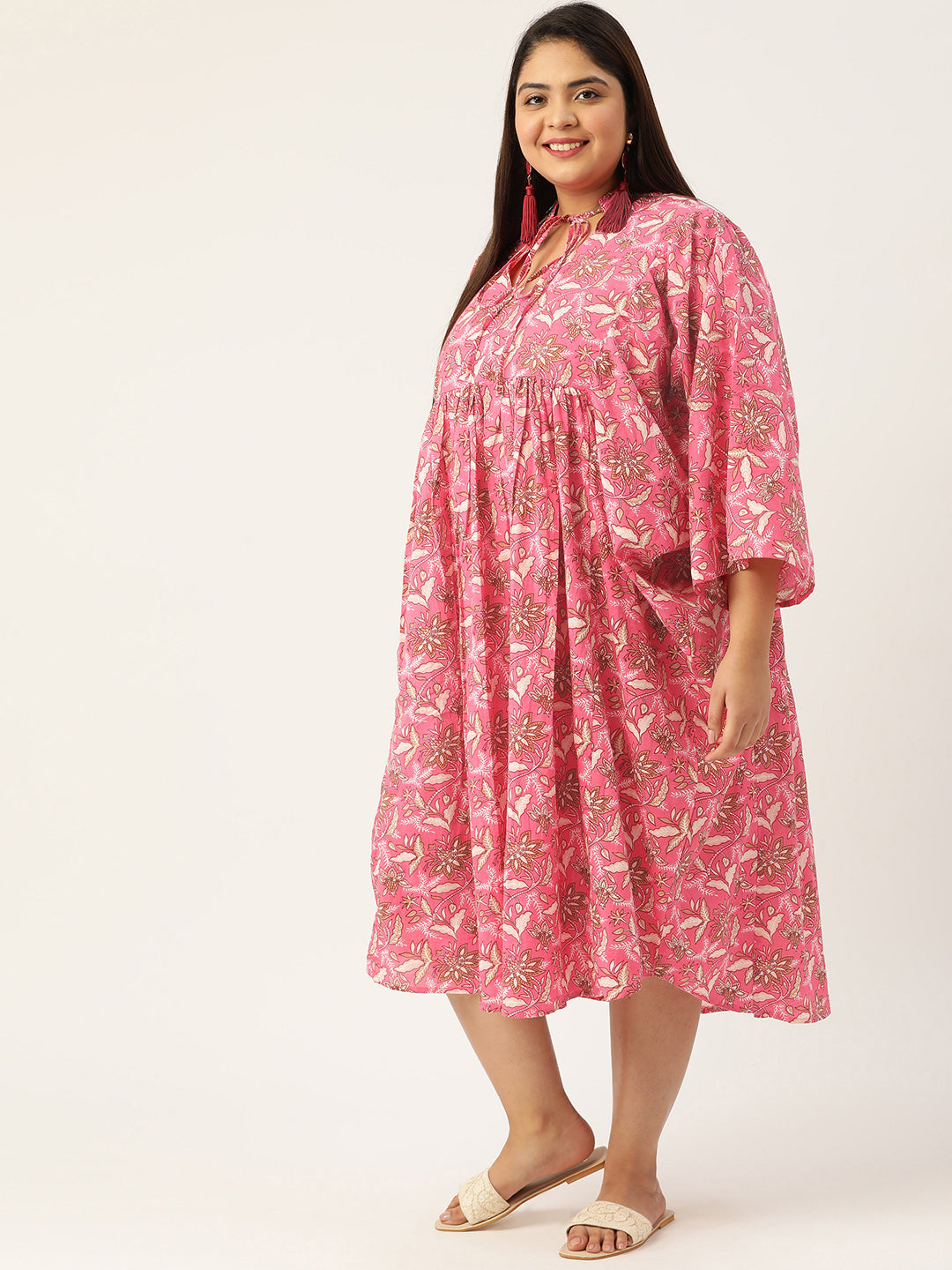 Plus Size Neck Tie-Up Cotton Dress