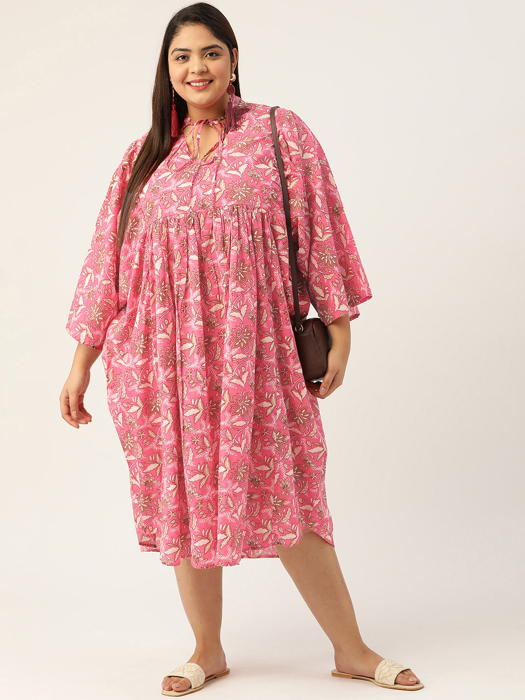 Plus Size Neck Tie-Up Cotton Dress